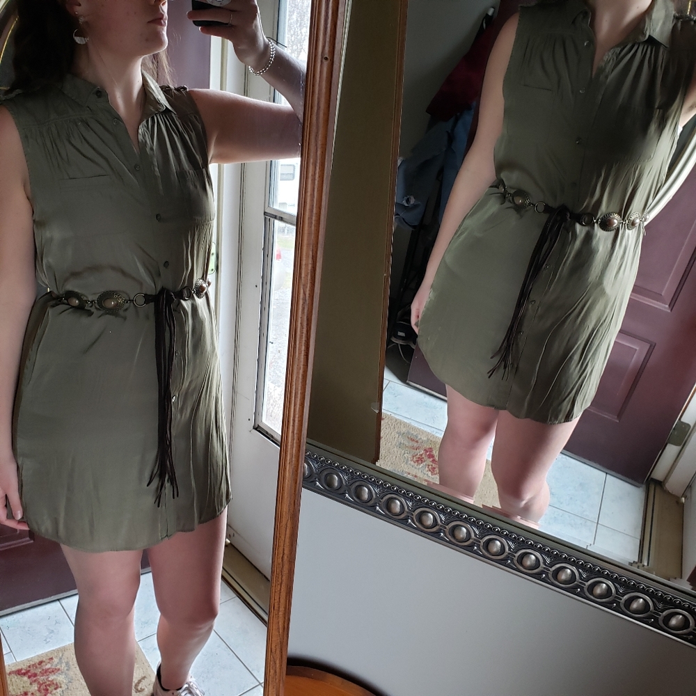Silky Army Green Button Down Dress